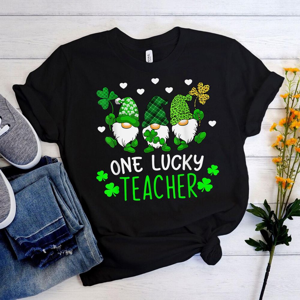 Teacher St Patricks Day Funny Gnome One Lucky Teacher Shirt Unisex Standard T-Shirt black s