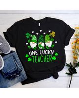 Teacher St Patricks Day Funny Gnome One Lucky Teacher Shirt Unisex Standard T-Shirt black s